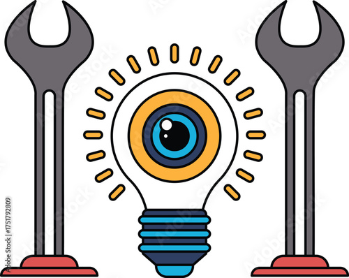 A light bulb is surrounded by two wrenches