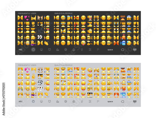 Emoji keyboard interface mockup showing light and dark mode layouts. Colorful emoticons for chat, message, and social app UI design. Realistic smartphone UX concept