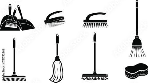 Black cleaning tools silhouette set, broom, mop, brush, dustpan, sponge, house cleaning equipment, hygiene and sanitation vector illustration