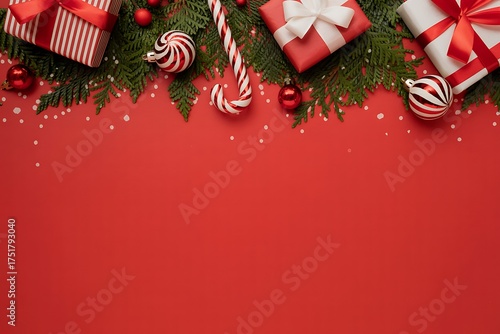 Festive christmas decorations including wrapped gifts candy canes ornaments and pine needles on a vibrant red background with copy space
