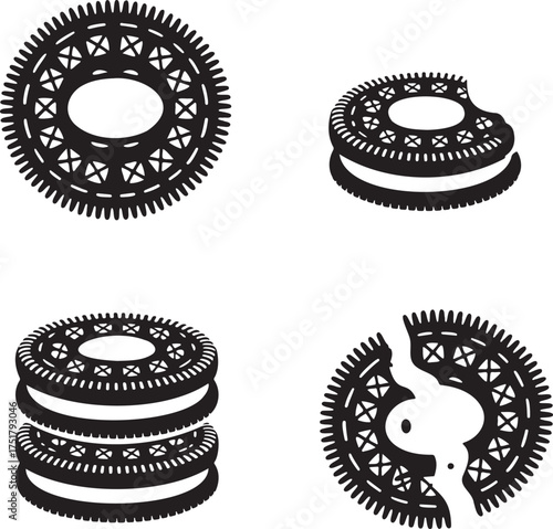 Vector Illustration of Chocolate Sandwich Cookies – Minimalist Black and White Biscuit Icon Set 