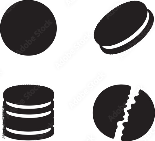 Vector Illustration of Chocolate Sandwich Cookies – Minimalist Black and White Biscuit Icon Set 