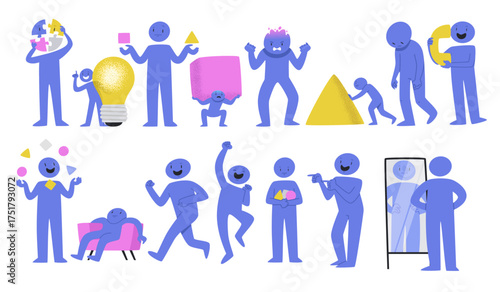 Set of simple blue character representing various ideas such as self-reflection, overwhelming tasks, choice, and more