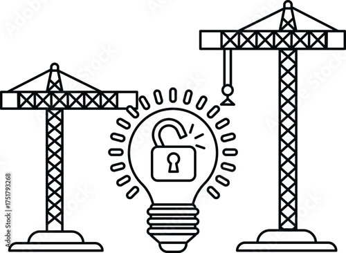 A drawing of two cranes with a light bulb in between them