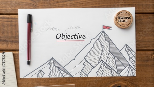 Stylized drawing of a mountain with a red flag signifying an objective