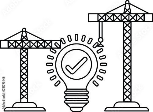 A construction site with two cranes and a light bulb