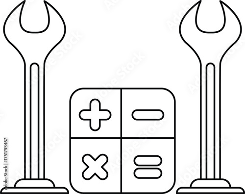 A black and white drawing of a wrench and a calculator with the numbers 1, 2, 3