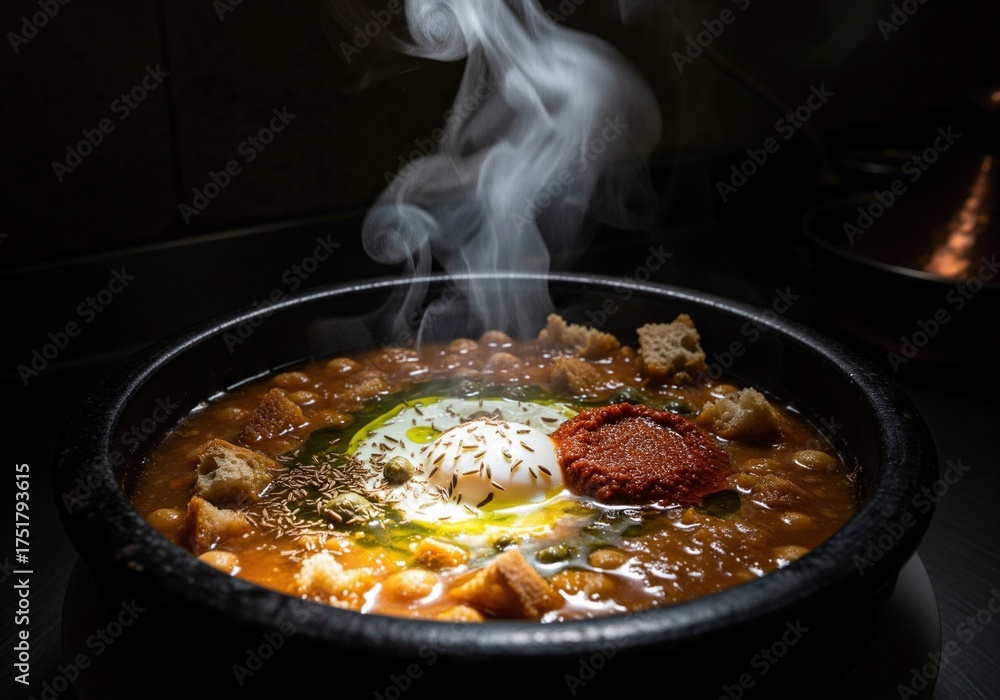 Fototapeta premium Steaming bowl of traditional Tunisian Lablabi a hearty chickpea soup with egg and harissa