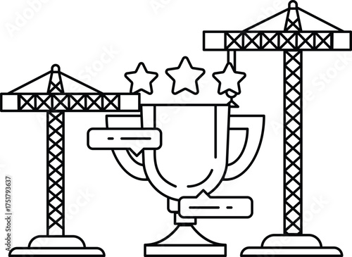 A construction site with a trophy and three stars