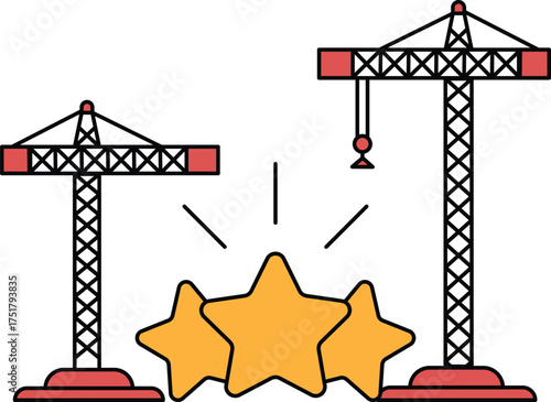 A construction crane is surrounded by three stars