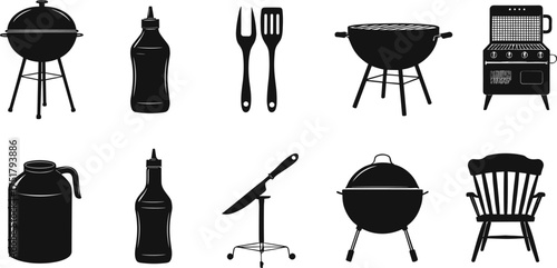 Black silhouette vector illustration of barbecue grills, utensils, sauce bottles, knife, chair, stove, kitchen equipment, summer cooking, outdoor party