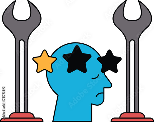A man with a star on his head is surrounded by two large metal poles