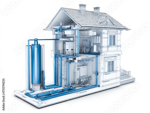 Geothermal borehole – Cutaway 3D blueprint of geothermal borehole installation for residential heating with pipes and heat exchanger.