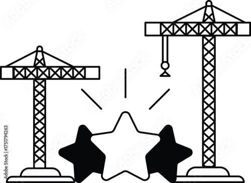 A construction site with two cranes and two stars