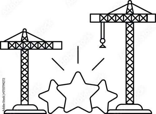 A construction crane is surrounded by three stars