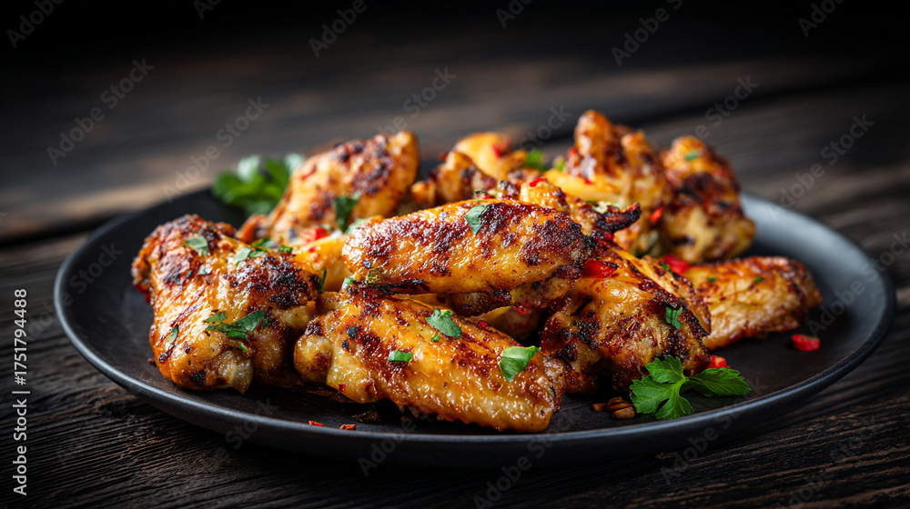 Fototapeta premium Close up of a plate of grilled chicken wings with herbs and peppers