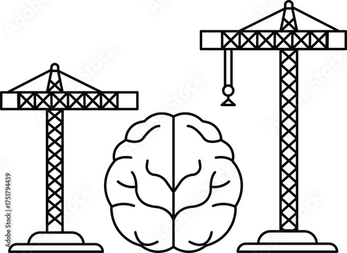 A brain is drawn next to two cranes