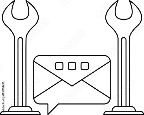 A black and white image of a wrench and a pair of pliers with a letter E on it