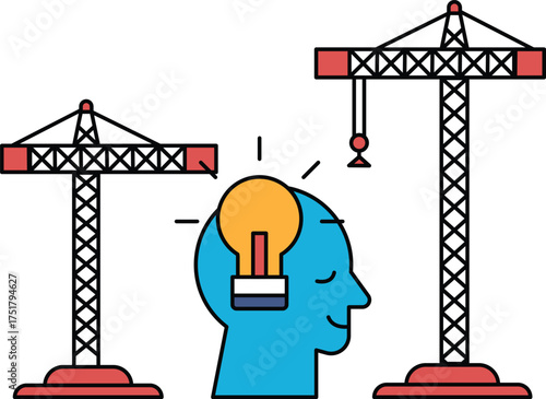 A man with a light bulb on his head is standing next to a crane
