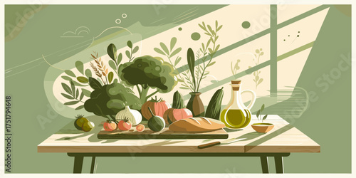 A serene illustration of a sunlit kitchen table showcasing a healthy bounty of fresh vegetables, bread, and olive oil