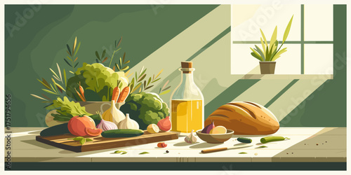 Fresh Ingredients and Olive Oil on a Cutting Board - A Wholesome Still Life of Healthy Food Preparation
