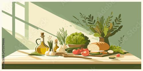 A beautifully illustrated scene showcasing a bounty of fresh, wholesome ingredients meticulously arranged on a sunlit wooden kitchen counter