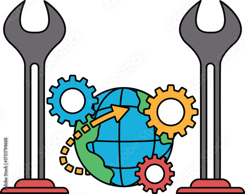 A drawing of a wrench and a globe with gears