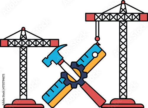 Two cranes with a hammer and a ruler on them