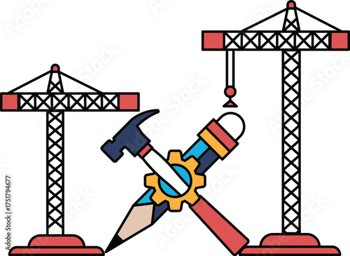 Two cranes with a hammer and a pencil on them