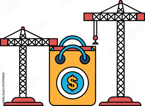 A construction site with a bag of money and a crane