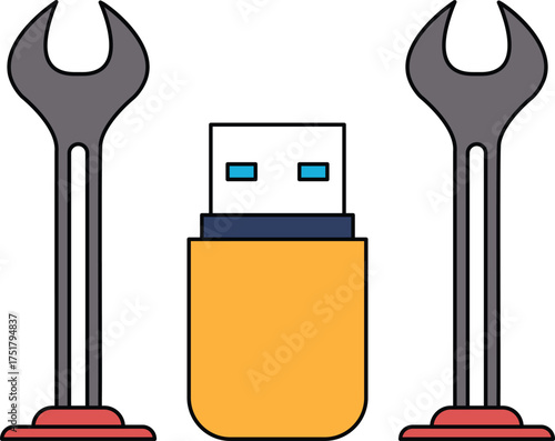 A black and white drawing of a USB drive, a wrench, and a screwdriver