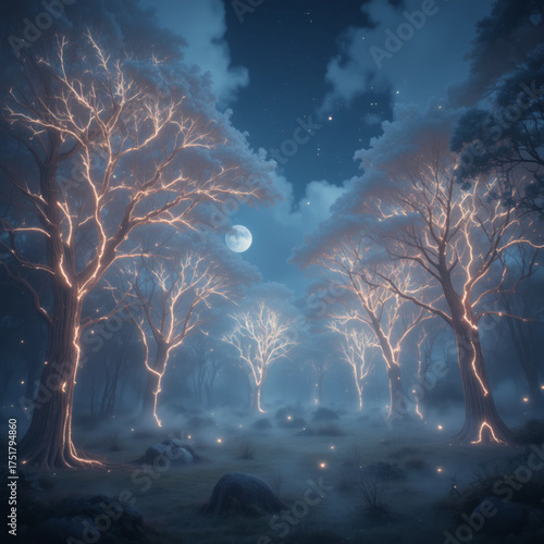 어두운 숲 속에 부활의 빛이 감도는 나무들