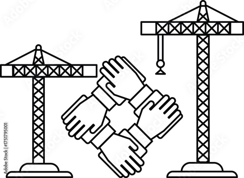 A construction site with a crane and a group of people holding hands