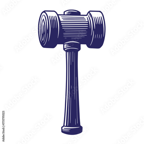 Detailed engraved illustration of a classic wooden judge's gavel in dark blue