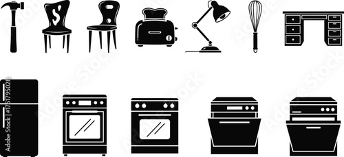 Black silhouette vector illustration of household furniture, kitchen appliances, hammer, chairs, refrigerator, oven, toaster, desk, whisk, lamp