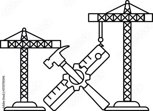 Two cranes with a hammer and a ruler on them