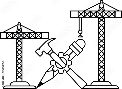 Two cranes with a hammer and a pencil on them