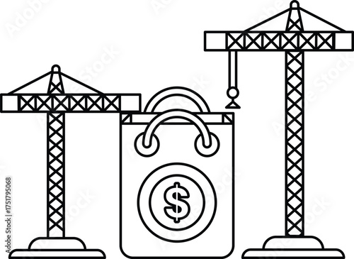 A construction site with a bag of money and a crane