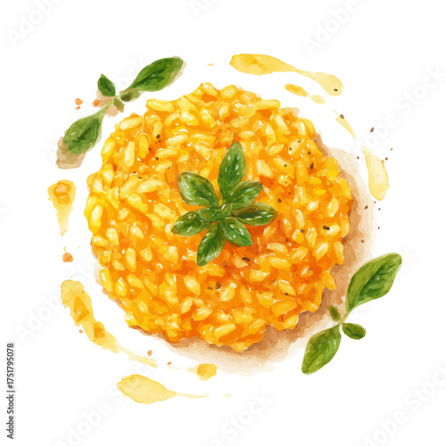 Risotto Milanese watercolor drawing vector, premium quality illustration on a clean white background.