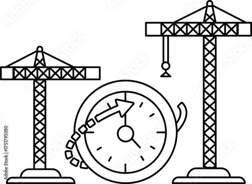 A clock is shown with a construction crane in the background