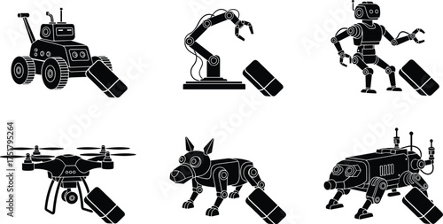 Black silhouette vector illustration of futuristic robots, drone, robotic dog, robotic arm, artificial intelligence, automation, technology, innovation, machine design