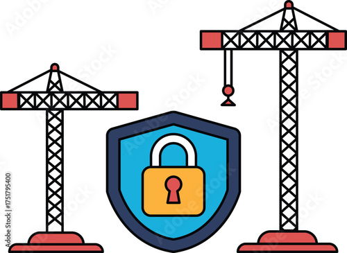 A black and white drawing of two cranes and a security gate