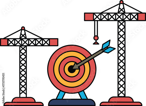A black and white drawing of a construction site with a target and a crane