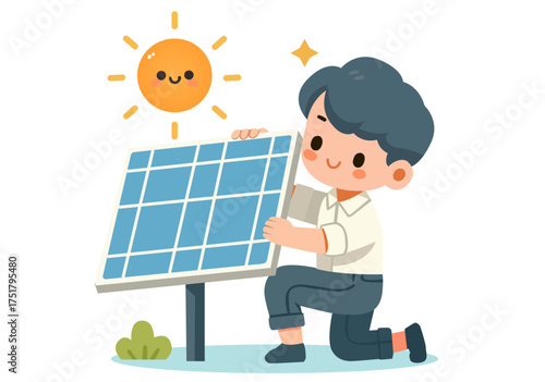 Illustration of a boy installing solar power