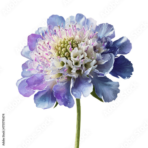 Watercolor Scabiosa Flower vector, artistic painting style, high-resolution illustration on a pure white background.