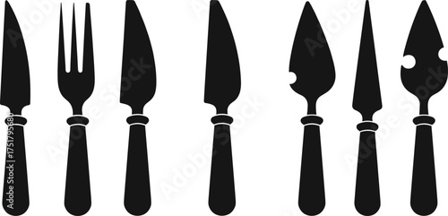Black silhouette vector illustration of kitchen cutlery including knife, fork, spoon, cooking utensils, isolated design on white background