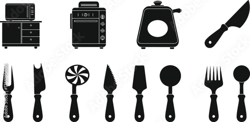 Black silhouette vector illustration of kitchen appliances, cooking utensils, knives, and tools for restaurant, home cooking, isolated on white