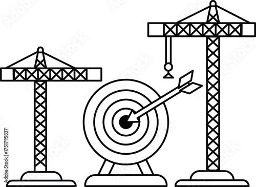 A black and white drawing of a construction site with a target and a crane