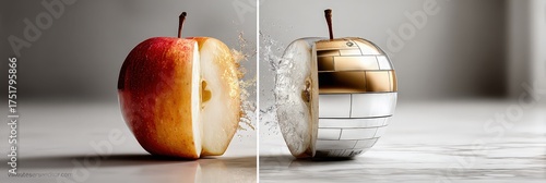 Natural apple transforming into metallic and golden fruit, concept of artificial food