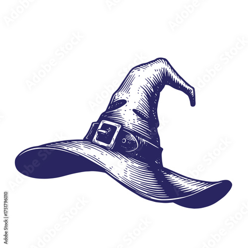 Detailed engraved illustration of a witch hat isolated on a clean white background